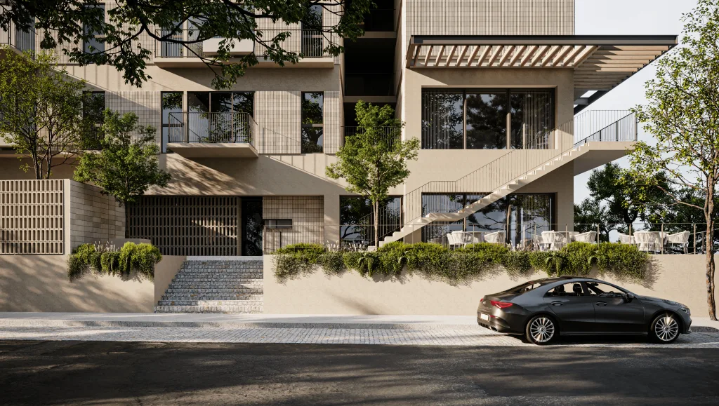 Fachada y acceso del desarrollo Principia Living District en Guadalajara